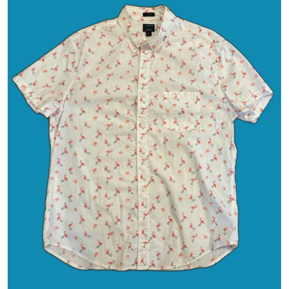 J Crew Men's Shirt LARGE Button Down Short Sleeve Cotton Pink Flamingo SLIM FIT!